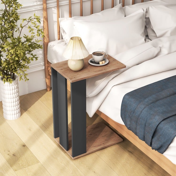 2-Tier C-Shaped Side Table with Universal Wheels and Shelf-Rustic Brown
