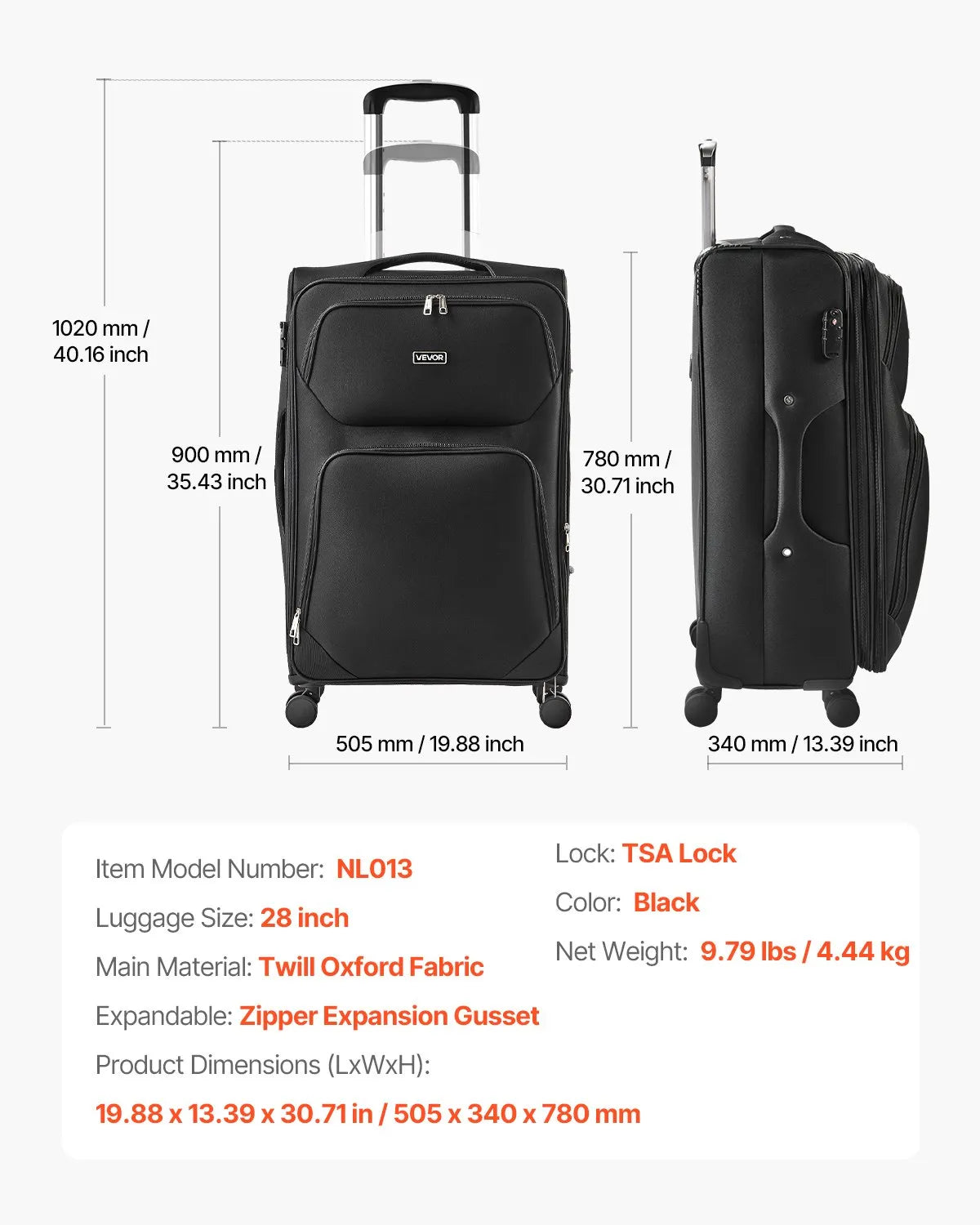 VEVOR 28" Softside Expandable Luggage with Spinner Wheels Checked Suitcase Black