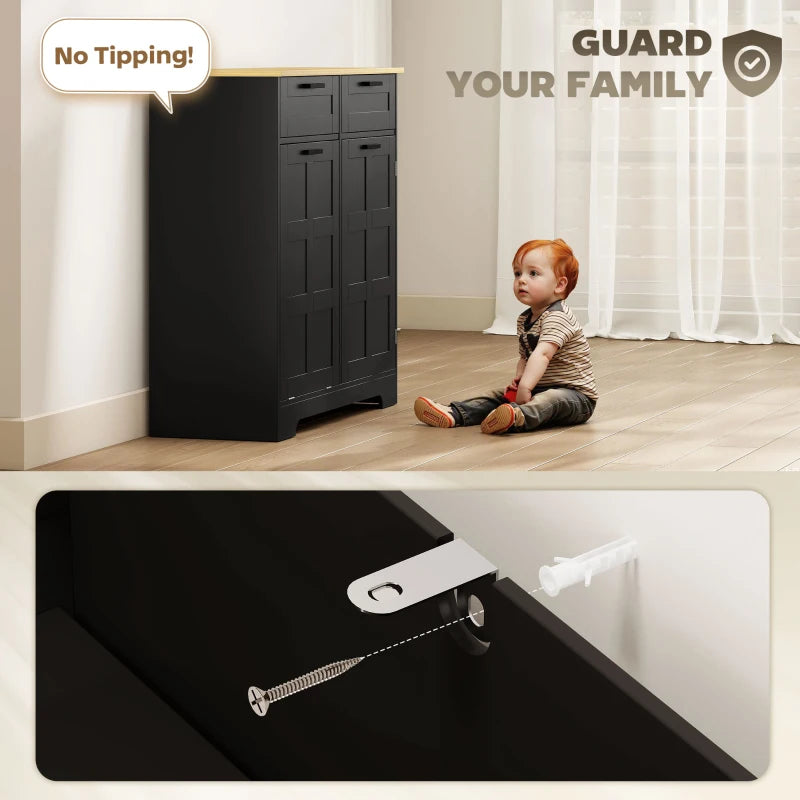 7 Gallon Tilt Out Garbage Cabinet, Kitchen Island with Trash Cabinet, 2 Drawers, Door Racks, Adjustable Shelves, Black