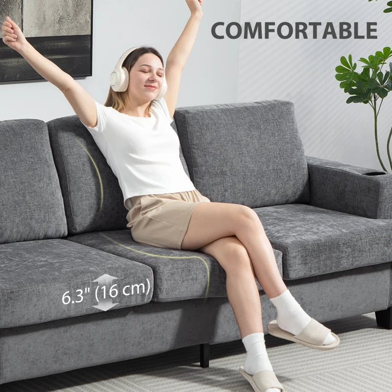 3 Seater Sofa with USB Ports & Cup Holders, Chenille-Feel Upholstered Couch for Living Room, Grey