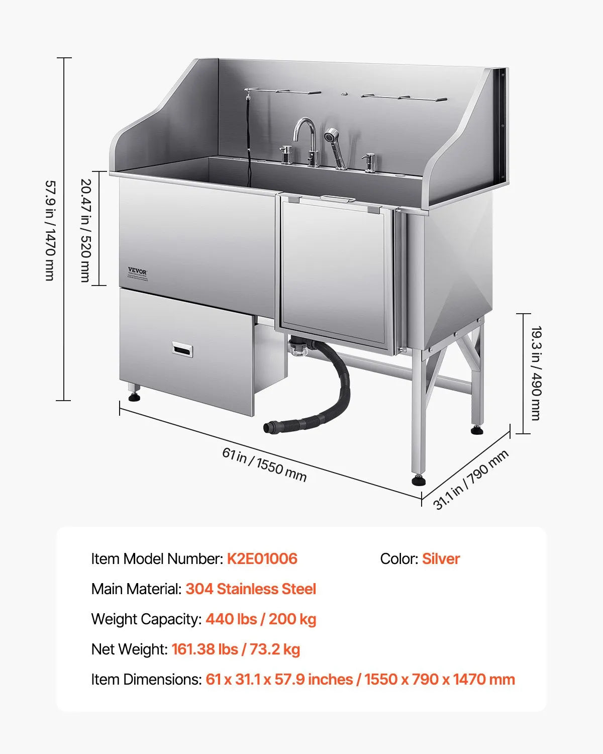 VEVOR 61 Inch Dog Grooming Bath Tub Stainless Steel w Ramp Water Filter
