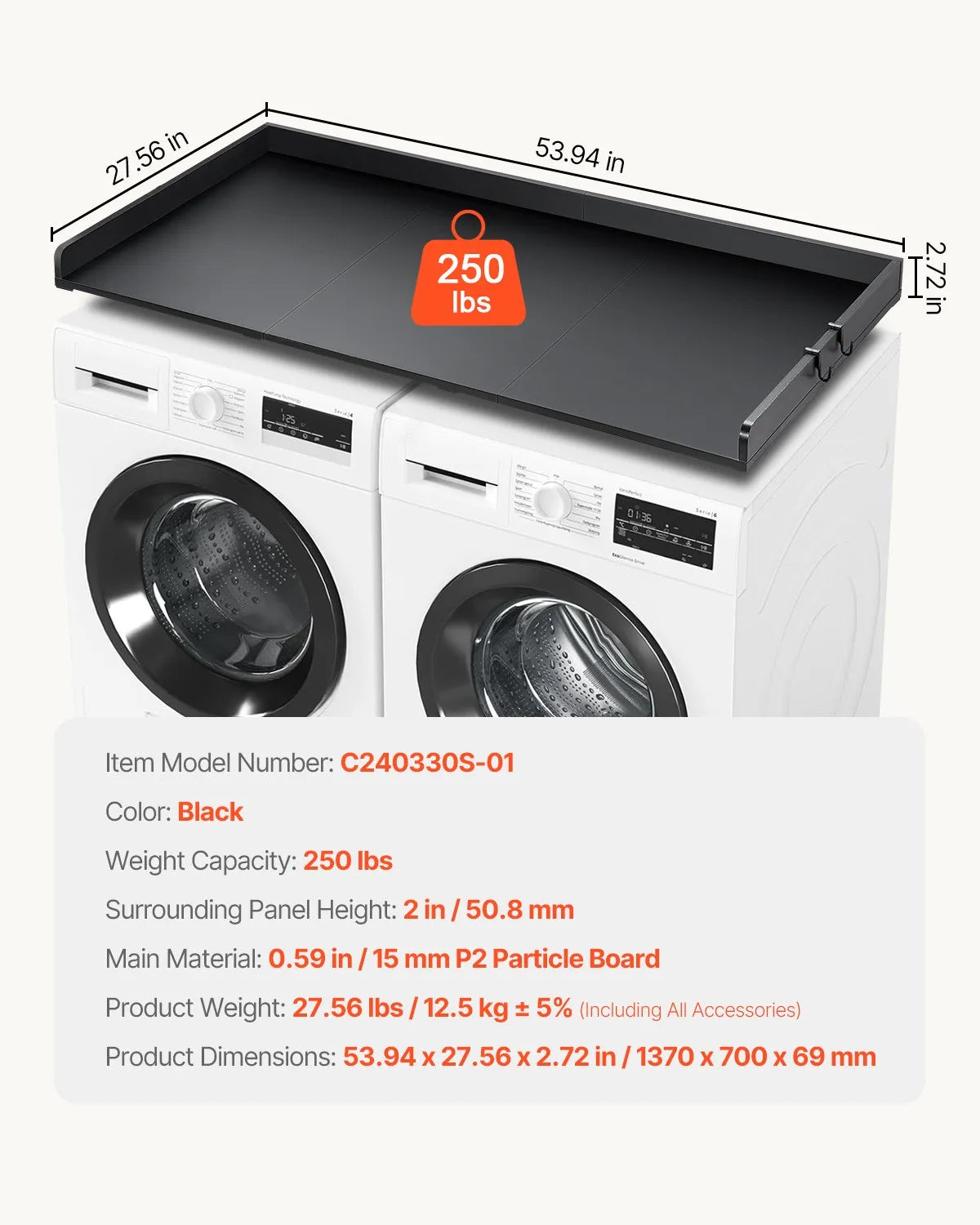 VEVOR 3 Panels Washer Dryer Countertop 54"x27" Wooden Washer Dryer Cover Black