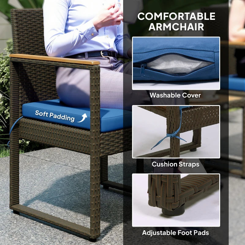 3 Pieces Wicker Patio Furniture Set, Rattan Bistro Set w/ Acacia Wood Table & Removable Cushions, Dark Blue