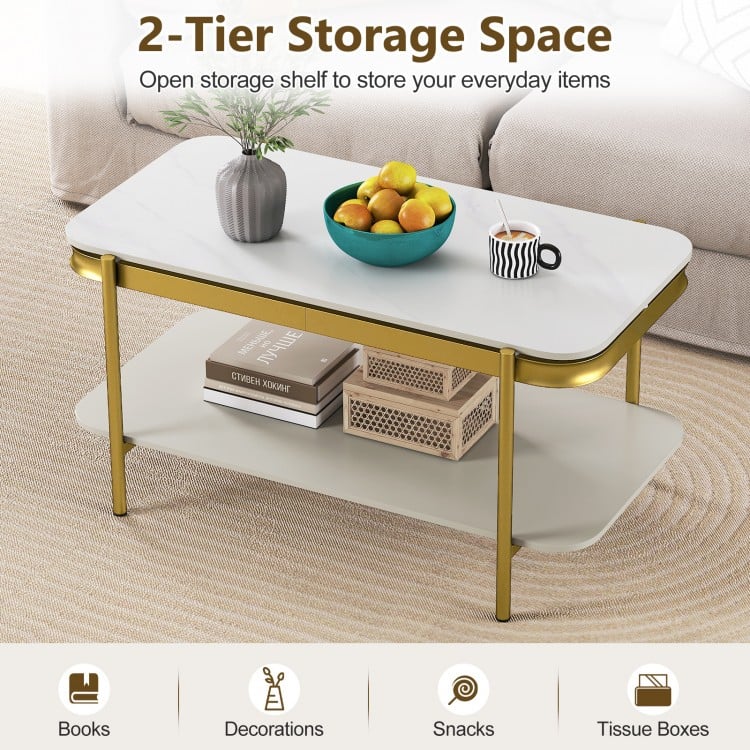 2-Tier Modern Rectangular Coffee Table with Sintered Stone Top-White
