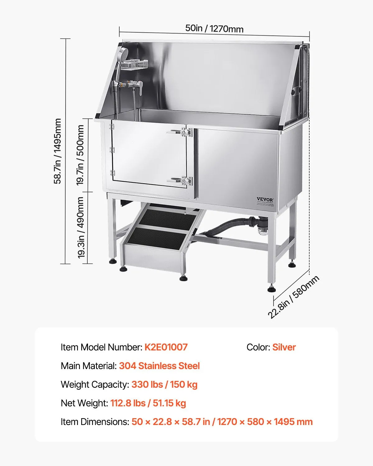 VEVOR 50 Inch Dog Grooming Bath Tub Stainless Steel w Ramp Water Filter Left