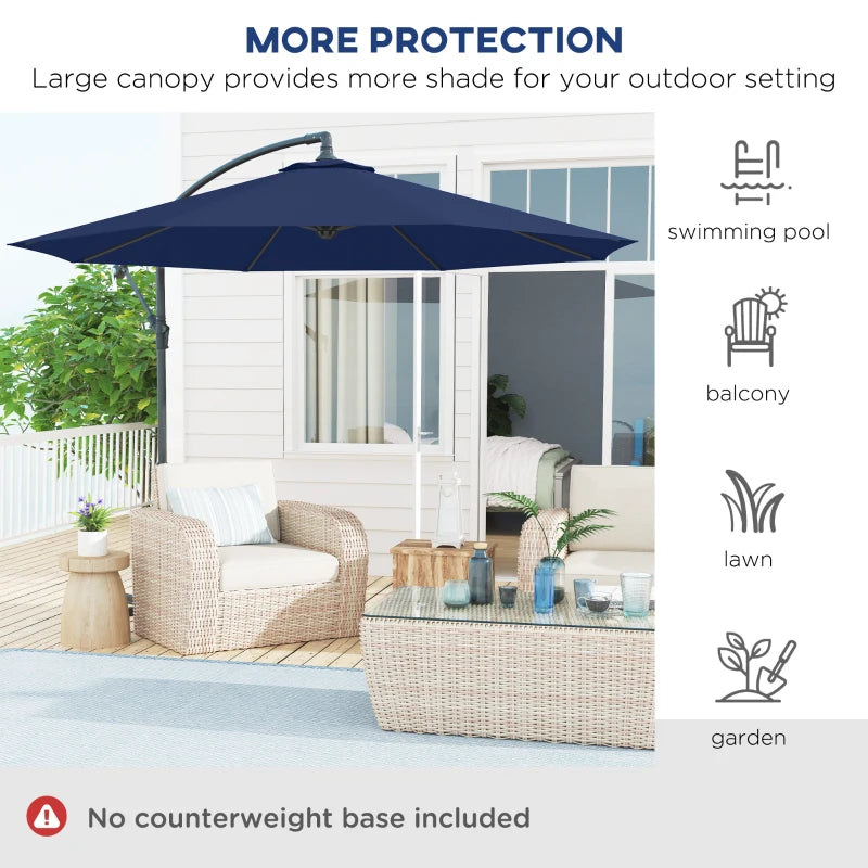 10' Deluxe Patio Umbrella, Outdoor Market Parasol, Banana Hanging Offset Sunshade with Crank, Cross Base, Navy Blue