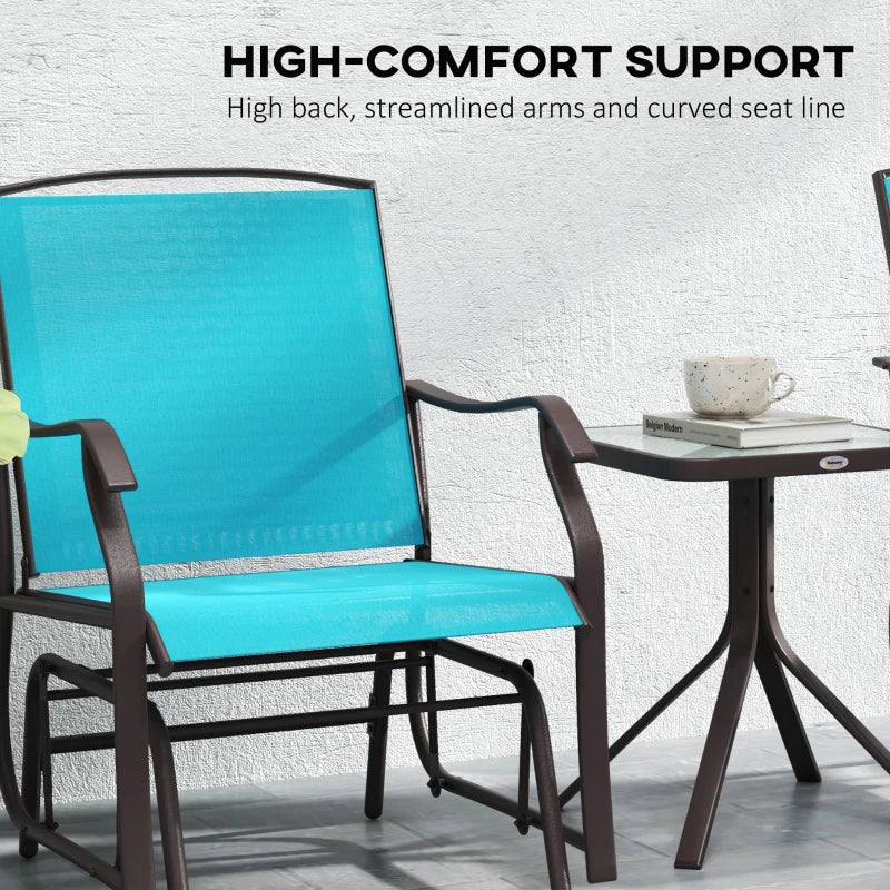 3 Piece Patio Glider Set Outdoor Gliders with Breathable Mesh Seat, Glass Top Table for Garden, Yard, Blue