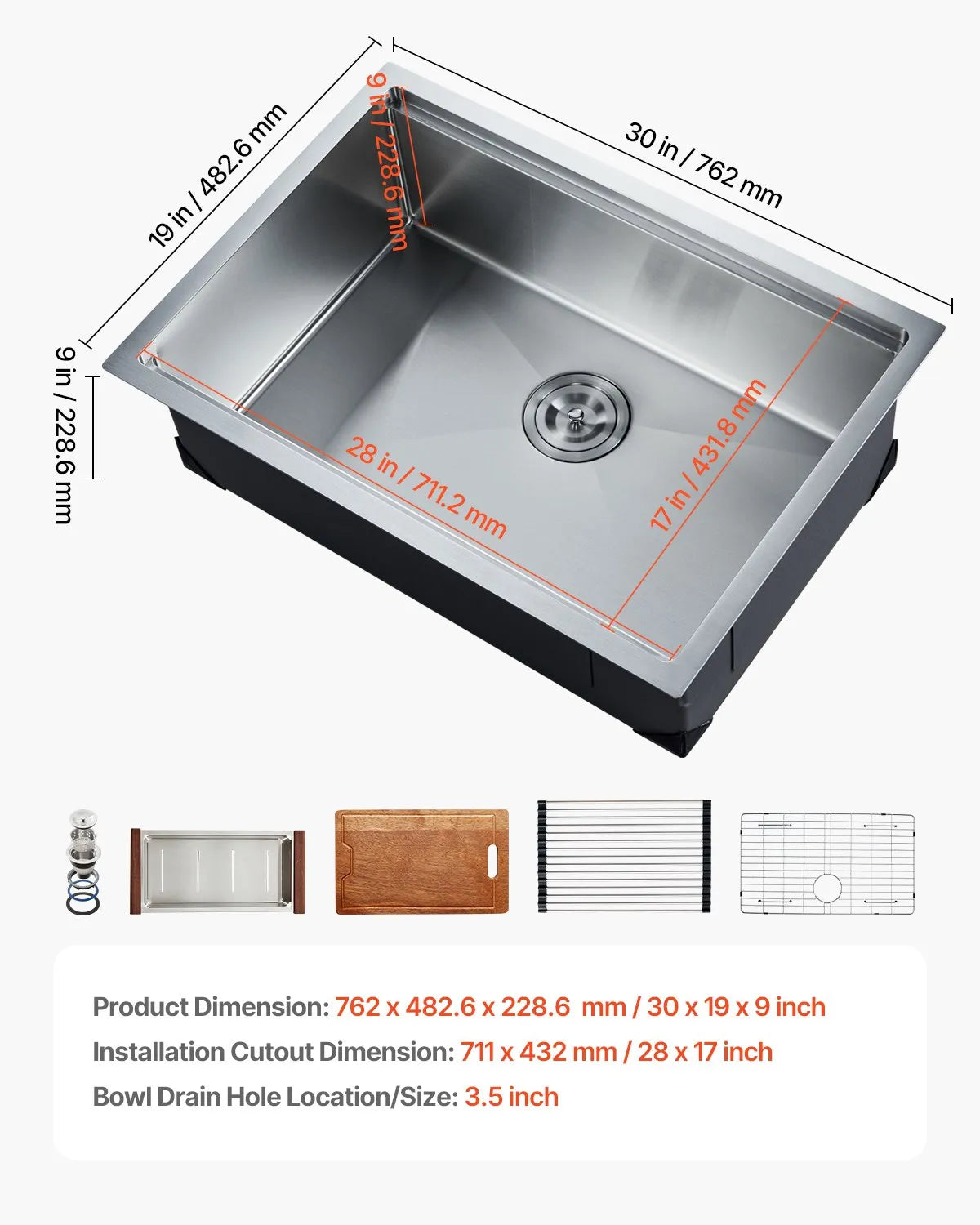 VEVOR 30" Kitchen Sink Undermount Single Bowl Drop-In Basin Stainless Steel Bar