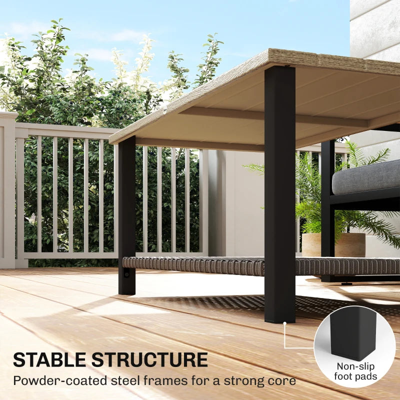 2-Tier Rectangle Outdoor Coffee Table, Patio Table with Wood-Effect Metal Top, Wicker Shelf for Garden, Backyard, Brown