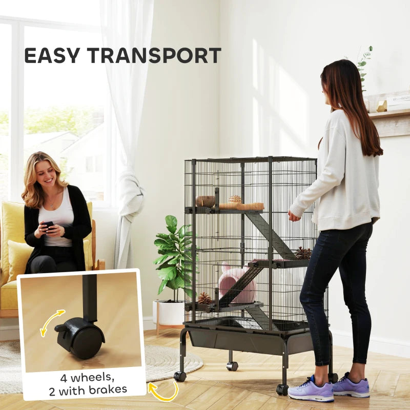 47"H Ferret Cage, Large 4-Tier Guinea Pig Cage with Wheels, Ramps, Bowl, Water Bottle & Removable Tray, Black