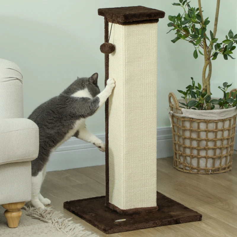 32" Tall Cat Scratching Post for Indoor Cats and Kittens, Sisal Cat Scratcher with Hanging Ball Soft Plush, Brown