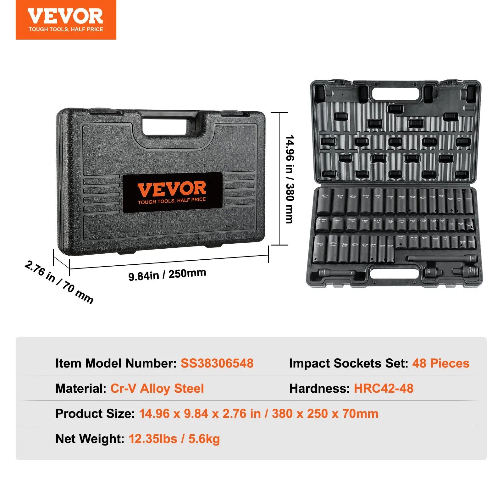 VEVOR 3/8" Drive Impact Socket Set, 48 Piece Socket Set SAE 5/16" -3/4" and Metric 8-22mm, 6 Point Cr-V Alloy Steel for Auto Repair, Easy-to-Read Markings, Rugged Construction, Includes Storage Case