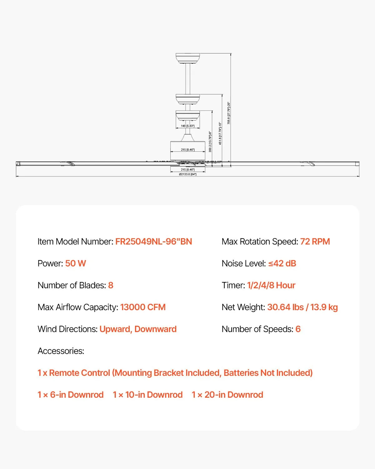 VEVOR 96" Aluminum Reversible Ceiling Fan No Light Remote Control Brushed Nickel