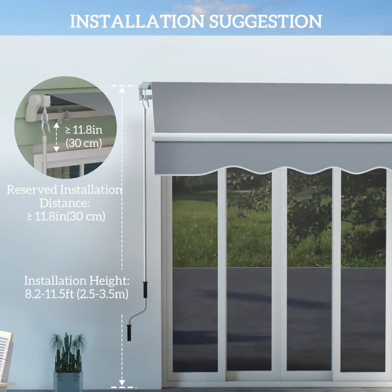 10x8ft Patio Awning Manual Retractable Sun Shade Aluminum Frame Grey