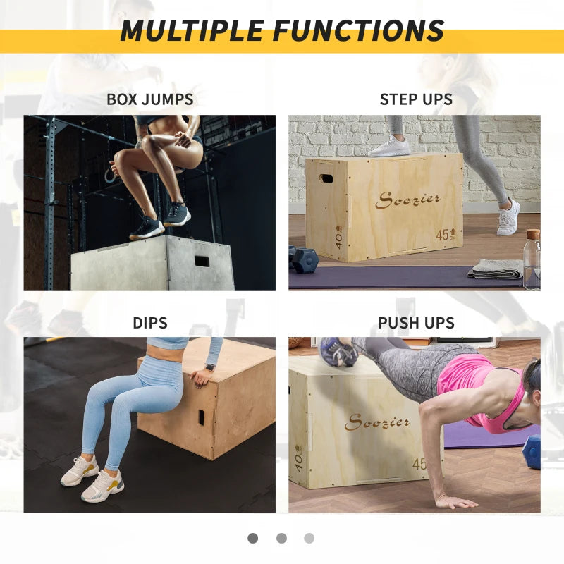 Soozier 3-in-1 Wooden Plyo Box, Plyometric Jump Box with Handle Openings for Home Gym, Workout Training, Natural
