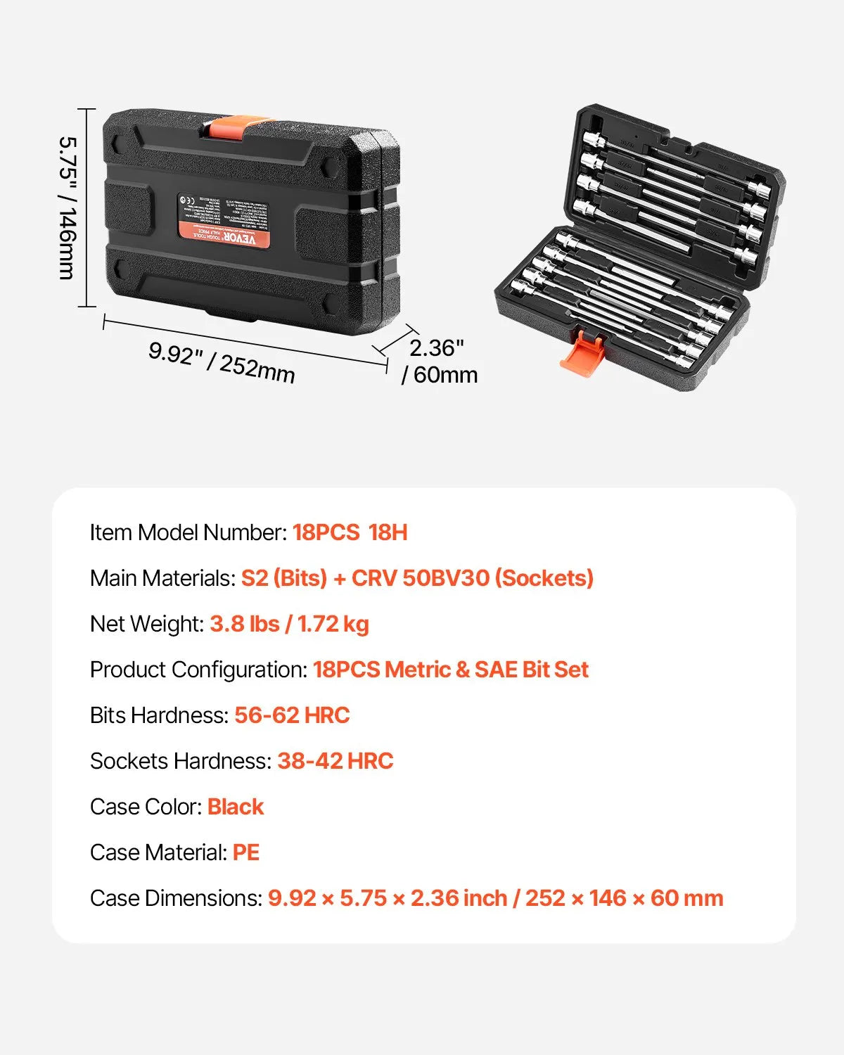 Extra Long Allen Hex Bit Socket Set 18-Piece 3/8 inch Drive S2 Alloy Steel Cr-V