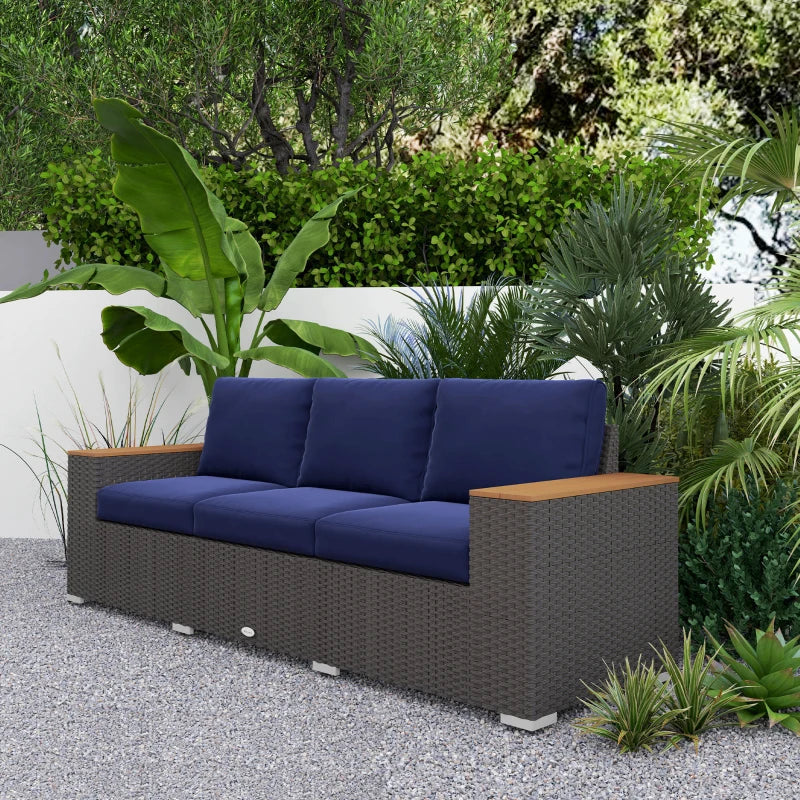 3-Seater Outdoor Sofa Couch, PE Wicker Patio Sofa with Cushions, Wood Grain Armrests, Dark Blue