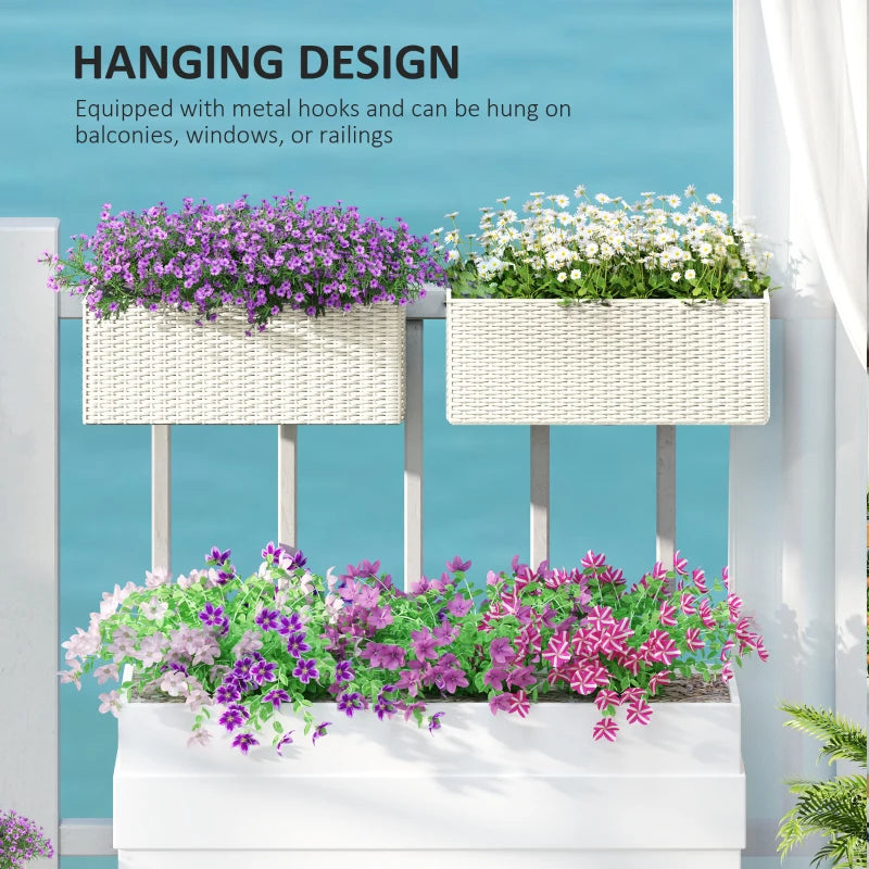 2 Pack 20 Inch Hanging Flower Pots, Railing Planter Box for Fence, Garden, Rattan Look, White