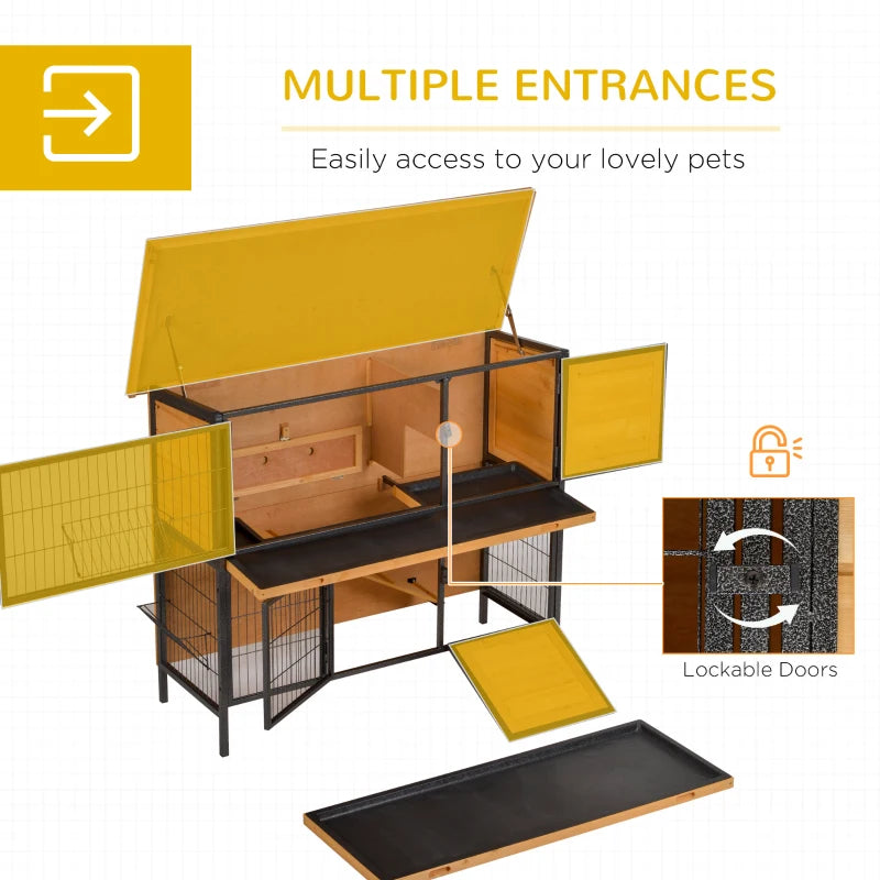 48" 2-Floor Large Rabbit Hutch Wooden Pet House Metal Frame Bunny Cage Small Animal Habitat with Ramp Feeding Trough Lockable Doors Run Area Asphalt Roof for Outdoor Use