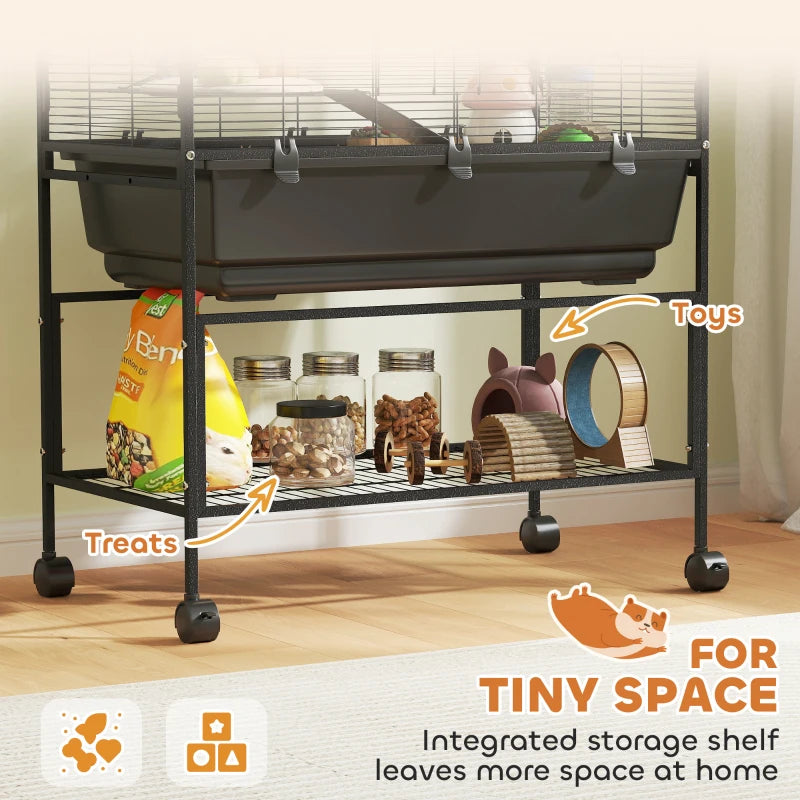 3 Tier Rolling Hamster Cage with 7" Deep Tray, Storage Shelf, Big Exercise Wheel, Tube System, for Syrian, Gerbil, Rat