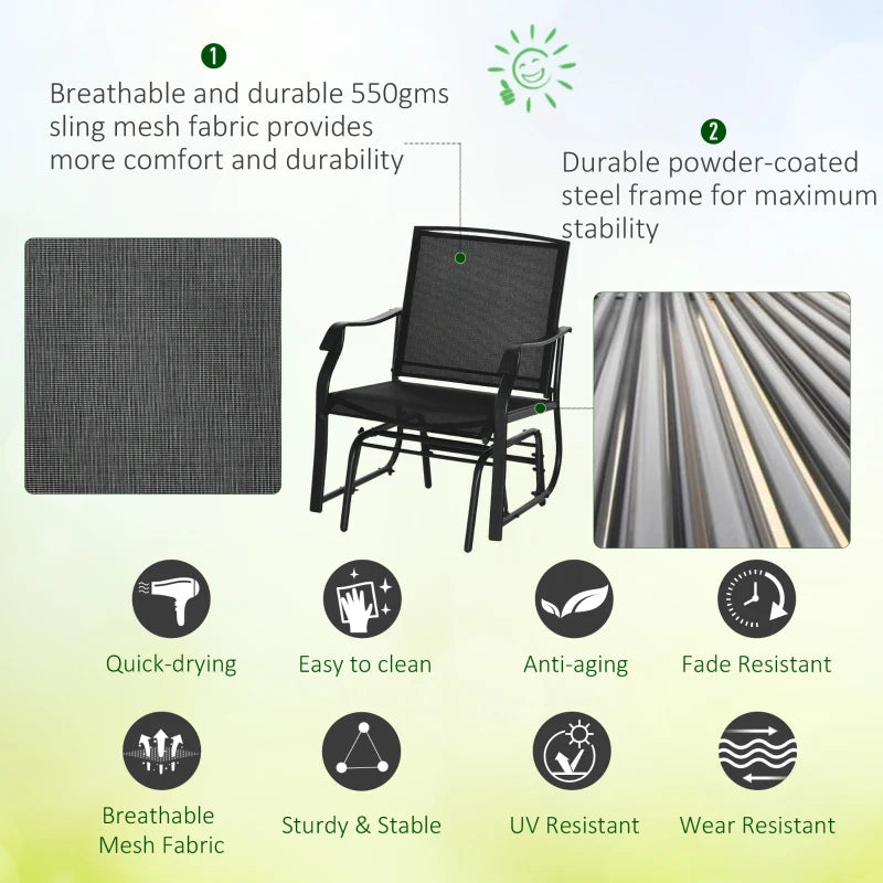 3 Piece Patio Glider Set Outdoor Gliders with Breathable Mesh Seat, Glass Top Table for Garden, Yard, Black