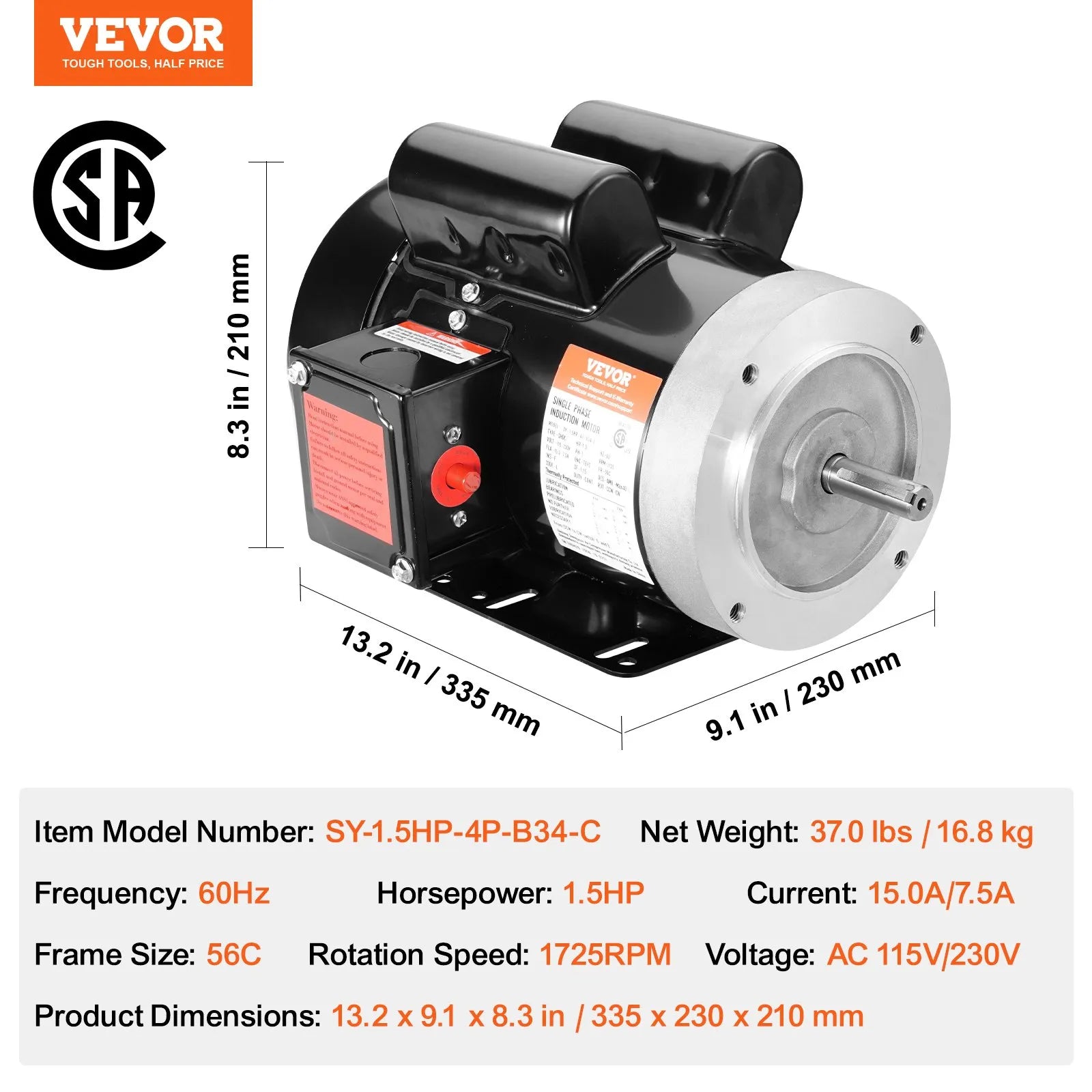 VEVOR 1.5HP Electric Motor 1725RPM AC115/230V 56C Frame 1-Phase 5/8" Keyed Shaft