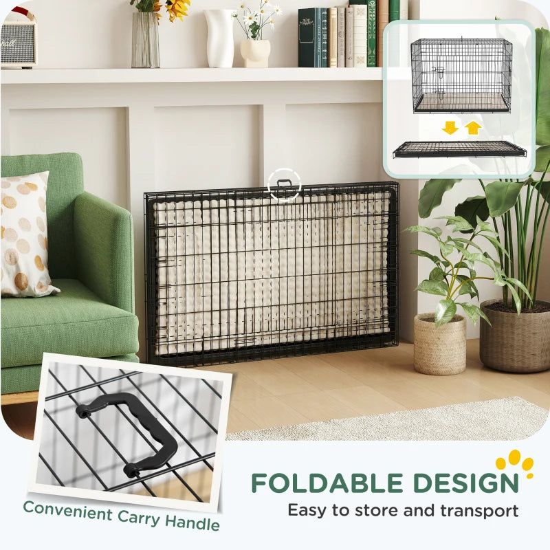 41" Dog Crate with 2 Doors, Folding Metal Dog Cage with Soft Cushion, Removable Tray, Handle, for Small Dogs, Black