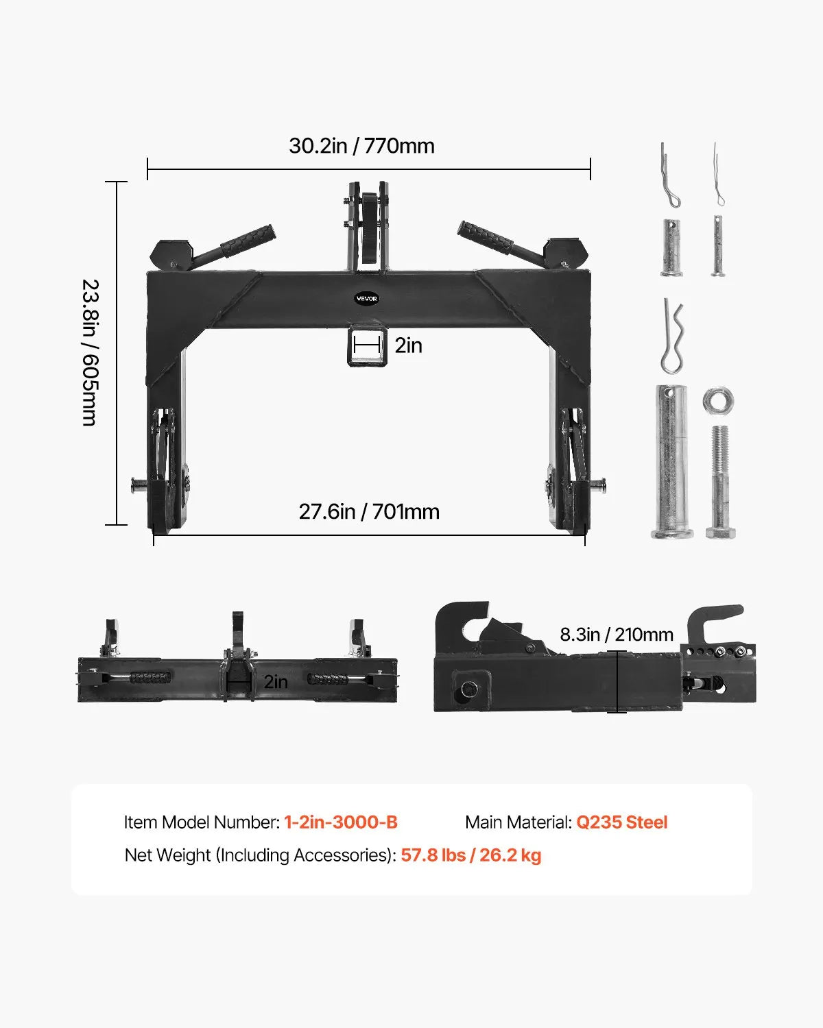 VEVOR 3-Point Quick Hitch 2" Receiver Fit Category 1 & 2 Tractor 3000lb Black