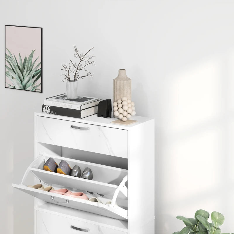 3 Flip Drawer Shoe Cabinet, Marble-Effect Narrow Shoe Storage Cabinet with Top Drawer and Adjustable Shelves, White