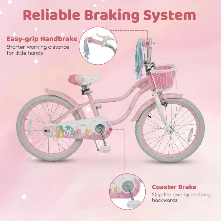 20 Inch Kids Bike Adjustable with Basket and Streamers Pink - Princess of the Sea Theme