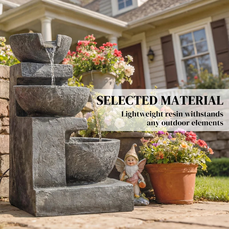 3-Tier Outdoor Water Fountain, Garden Waterfall Fountain with LED Lights and Pump, Indoor Freestanding Resin Waterfall