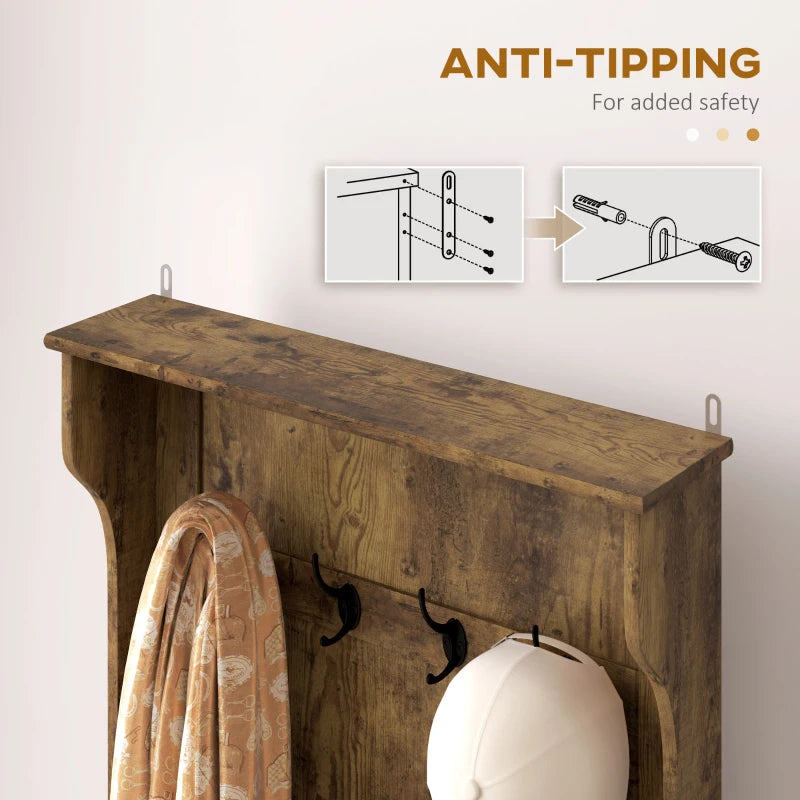 4-In-1 Hall Tree with Coat Rack, Top Shelf, Shoe Storage and Bench Seat, Entryway Bench with 4 Hooks, Rustic Brown