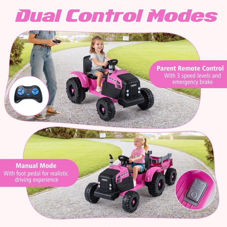 24V Ride On Tractor for Kids Electric Vehicle with Detachable Trailer and Remote Control-Pink