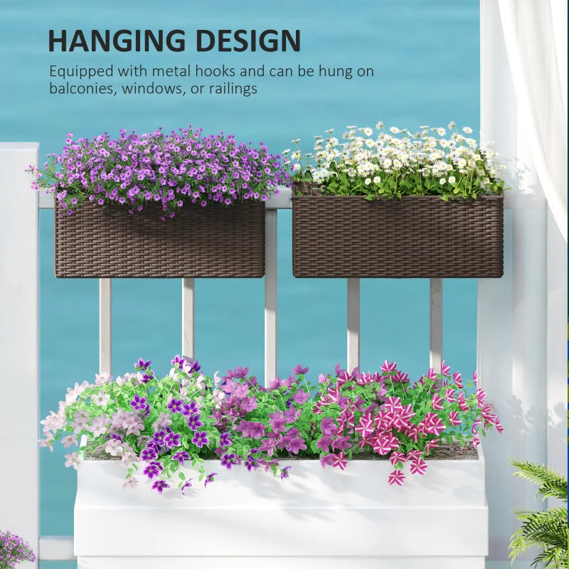 2 Pack 20 Inch Hanging Flower Pots, Railing Planter Box for Fence, Garden, Rattan Look, Brown