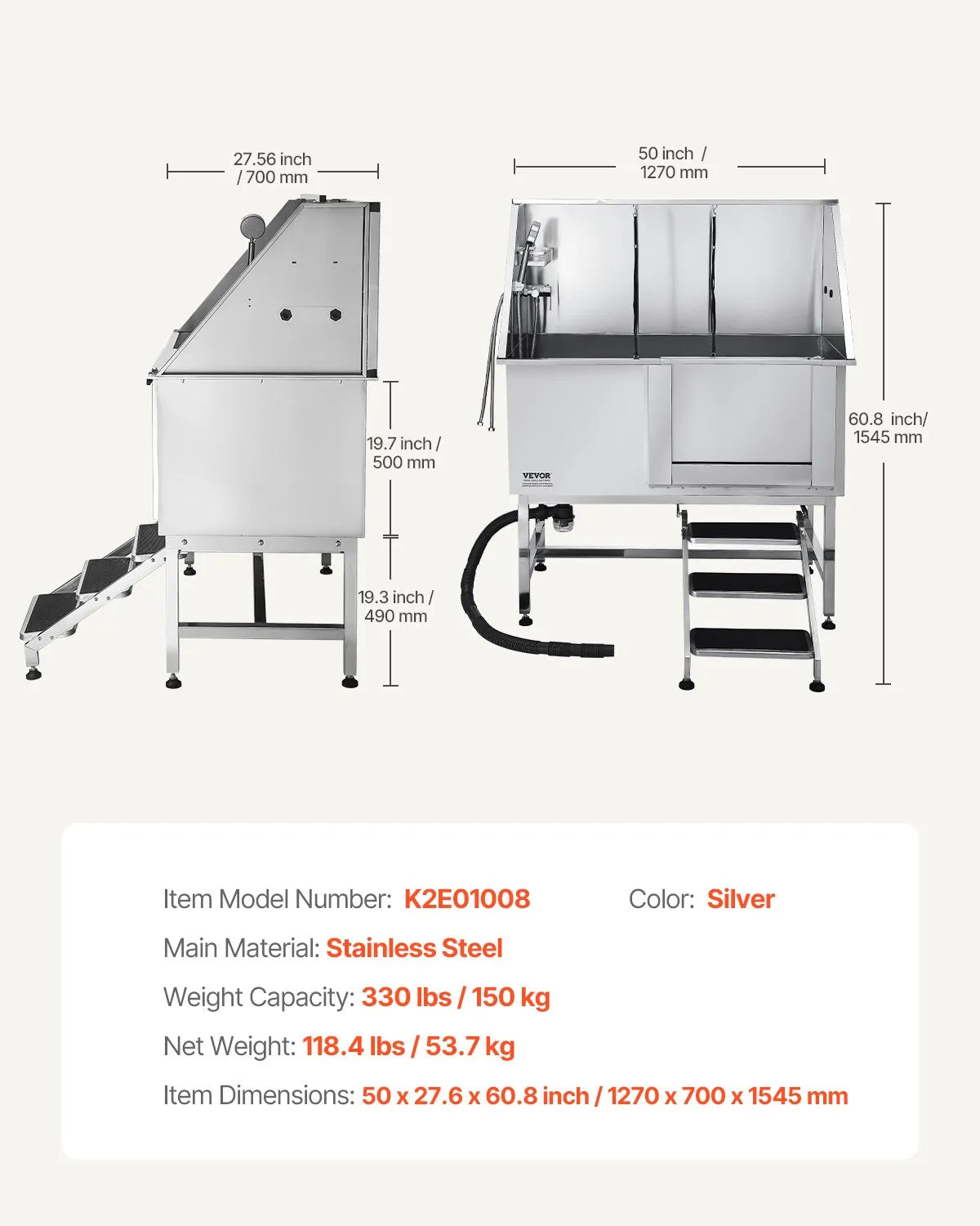 VEVOR 50 Inch Dog Grooming Bath Tub Stainless Steel w Stairs Water Filter