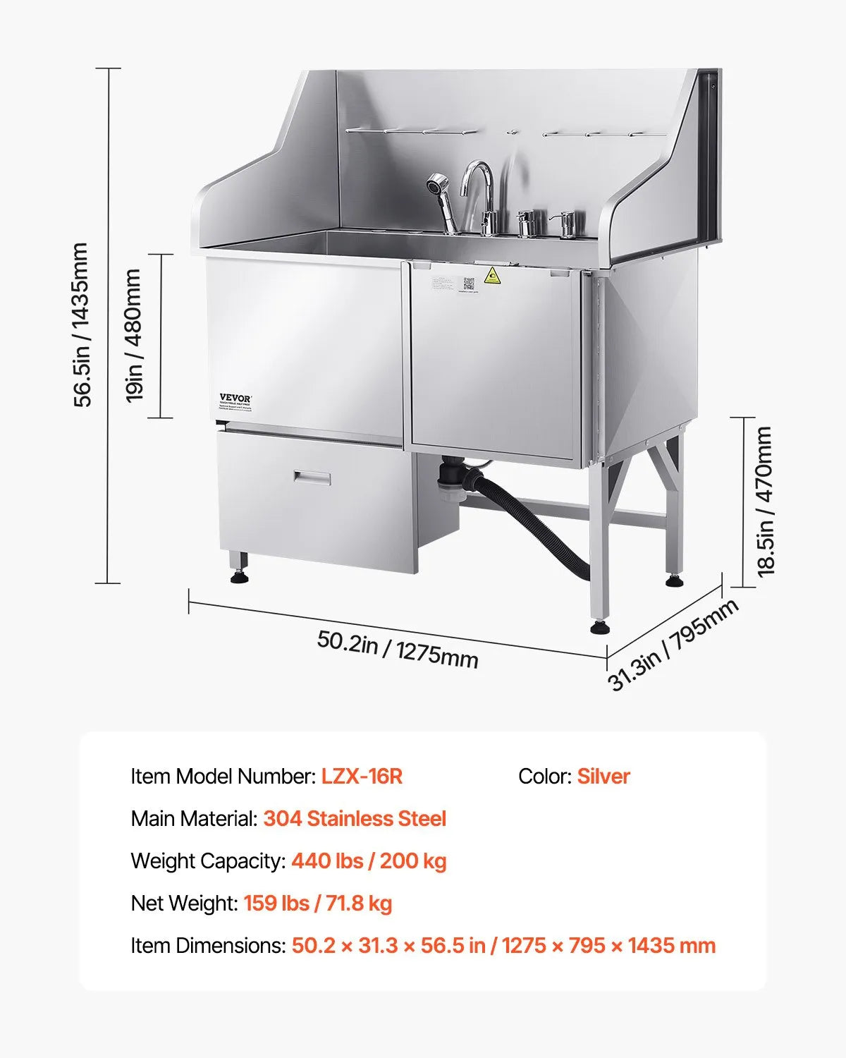 VEVOR 50 Inch Dog Grooming Bath Tub Stainless Steel w Ramp Faucet Showerhead