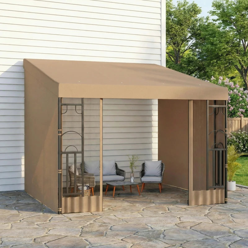 10' x 10' Wall Pergola, Outdoor Gazebo with 2 Curtains and 2 Nettings, UV Resistant, for Patio, Deck, Khaki