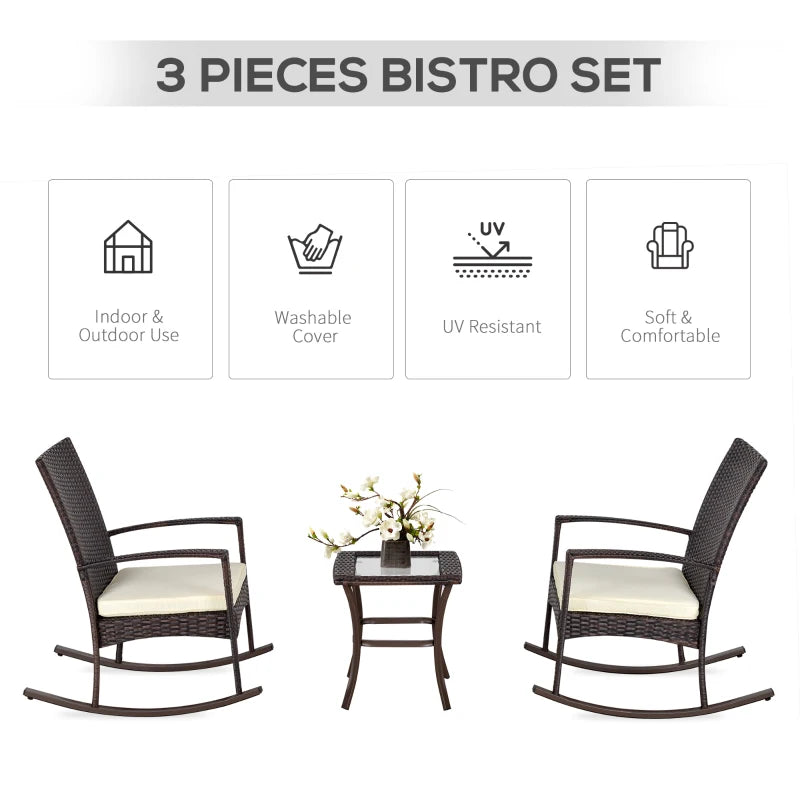 3 Pieces Patio Wicker Rocking Chair Set,  Outdoor PE Rattan Bistro Set Conversation Rocker Set with 2 Chairs 1 Coffee Table for Backyard, Deck, Poolside, Cream White