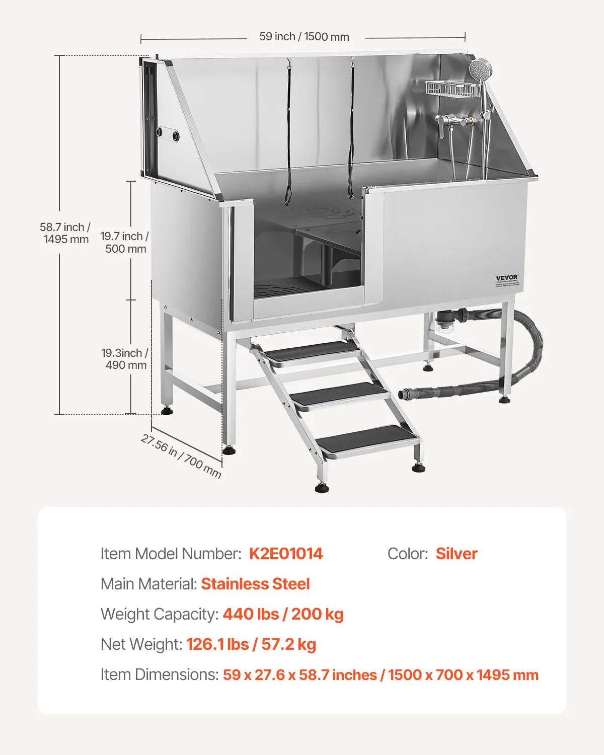 VEVOR 62 Inch Dog Grooming Bath Tub Stainless Steel w Stairs Water Filter Left