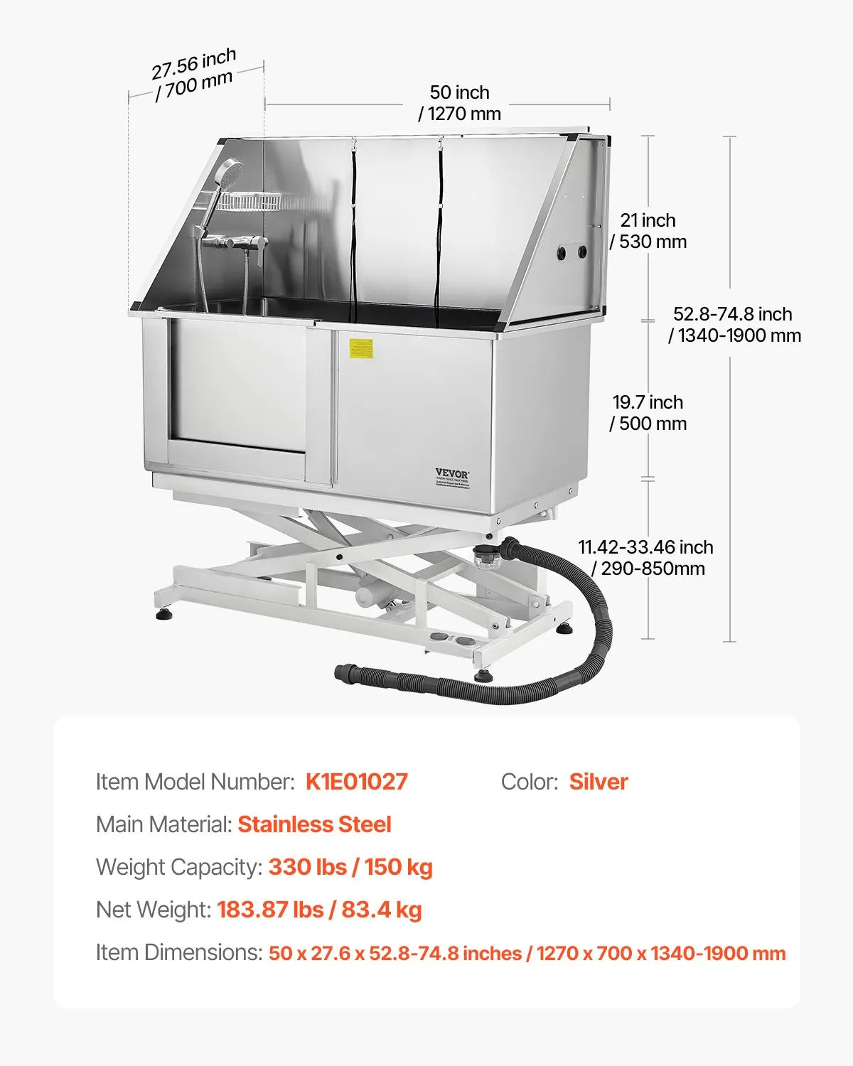 VEVOR 50inch Electric Dog Grooming Bath Tub Stainless Steel w Water Filter Left