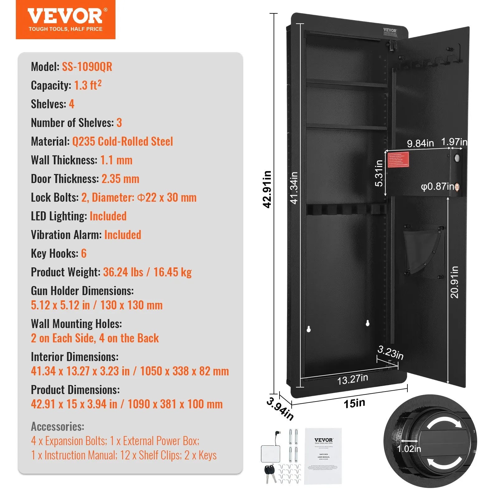 VEVOR 42.91" Tall Wall Gun Safe 4-Tier Hidden Gun Safe with Keypad & Fingerprint