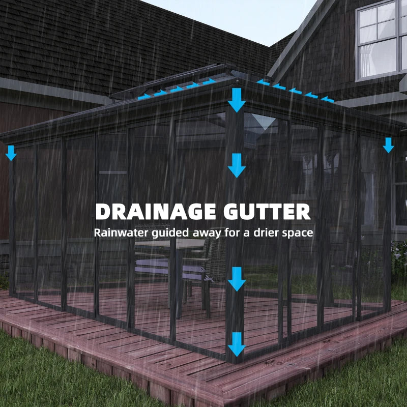 10' x 14' Outdoor Hardtop Gazebo, Aluminum Sun Room Solarium with Sliding Doors, Double Roof Patio Gazebo, Dark Grey