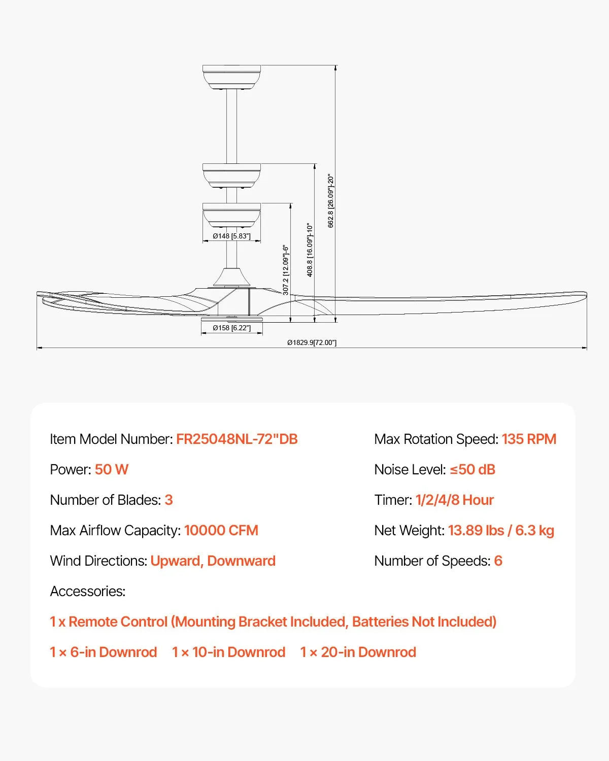 VEVOR 72" Wood Blade Ceiling Fan No Light Remote Control Reversible Motor Walnut