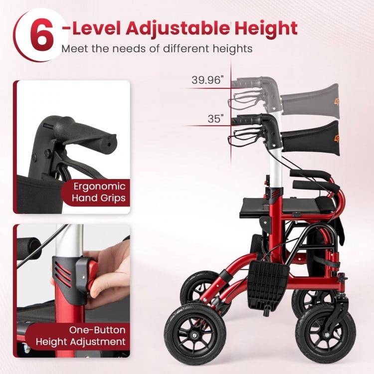 2-in-1 Foldable Rollator Walker with Seat abd 9 Inch Pneumatic Tires for Seniors-Red