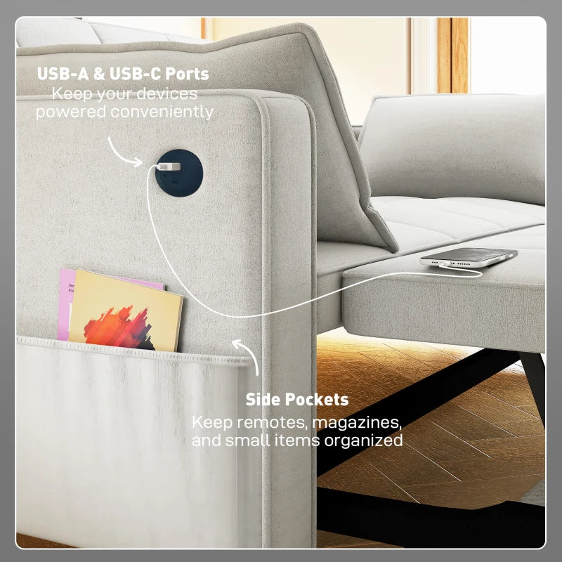 3‑in‑1 Convertible Sofa Bed, Pull Out Sleeper Sofa with USB Charging, Adjustable Backrest, Side Pockets, Beige