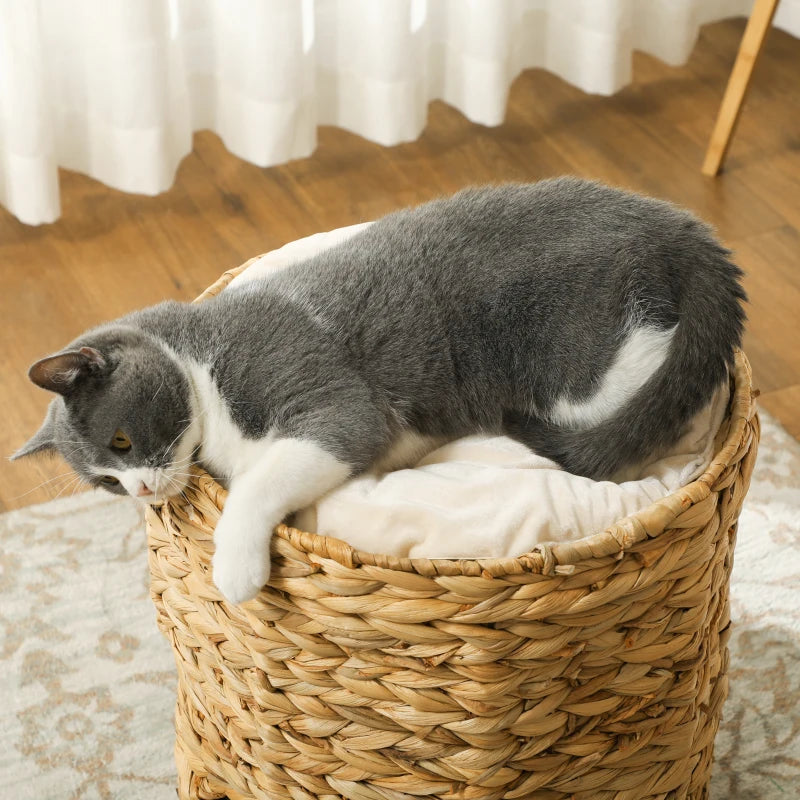 2-Storey Cat Condo Barrel, Small Cat Tree Tower with Top Perch and 2 Hideaways, 2 Entrances, 3 Cushions, Light Brown