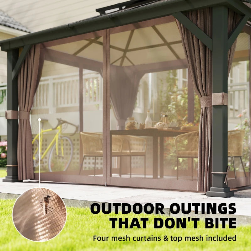 10' x 12' Hardtop Gazebo Canopy with Double PC Roof, Steel Permanent Outdoor Gazebo with Curtains and Netting, Khaki