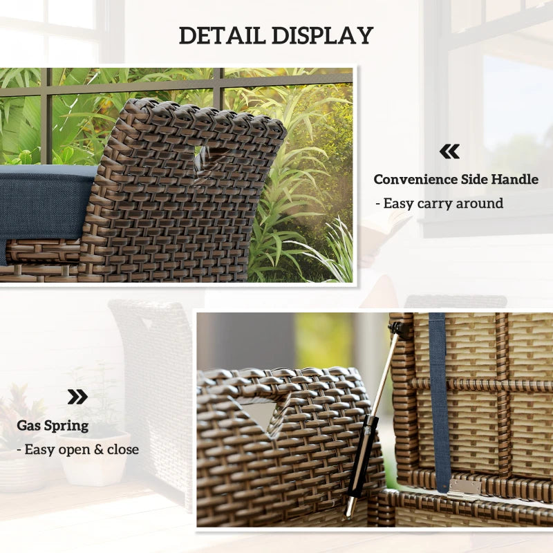 2-In-1 Outdoor Storage Bench, 29 Gallon Wicker Deck Box with Handles and Cushion, Navy Blue
