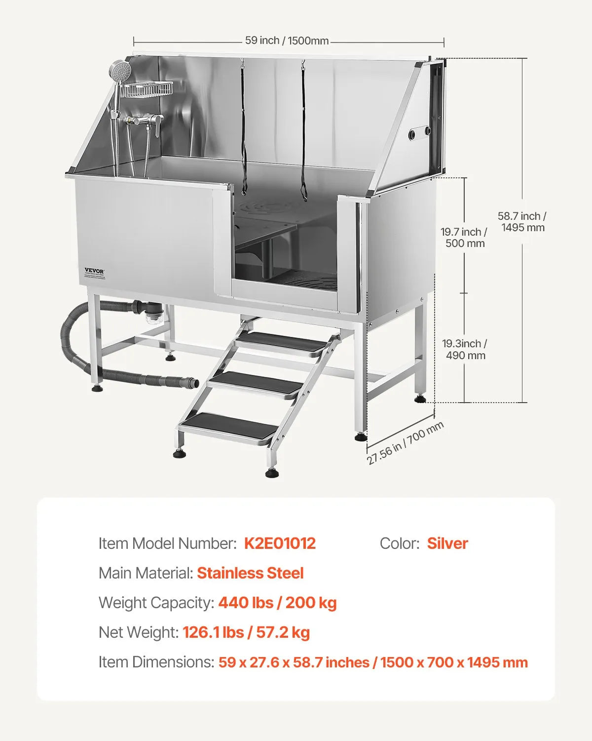 VEVOR 62 Inch Dog Grooming Bath Tub Stainless Steel w Stairs Water Filter