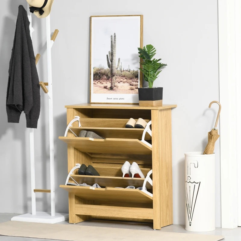 Shoe Storage Cabinet with 2 Flip Drawers and Adjustable Shelves for 12 Pairs of Shoes, Natural Wood